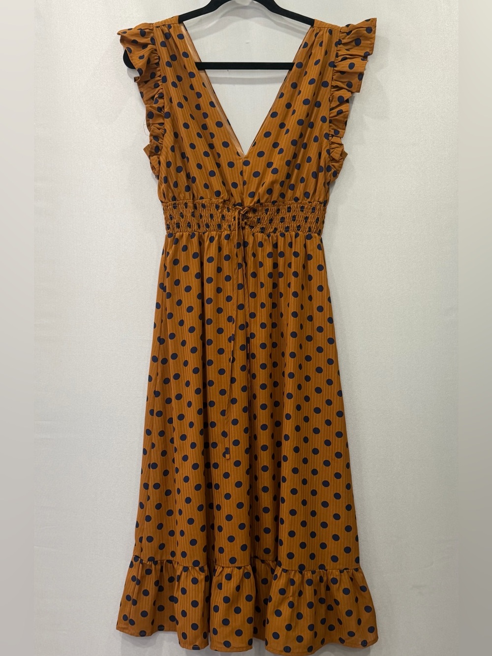 Anthropologie Rahi Cali Makedah Polka Dot Midi Dress Gold Navy Smocked Ruffle S